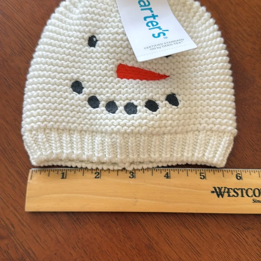 NWT Carters Infant Snowman Face Cotton Knit Pom Pom Beanie Hat Size 0-3 Mths